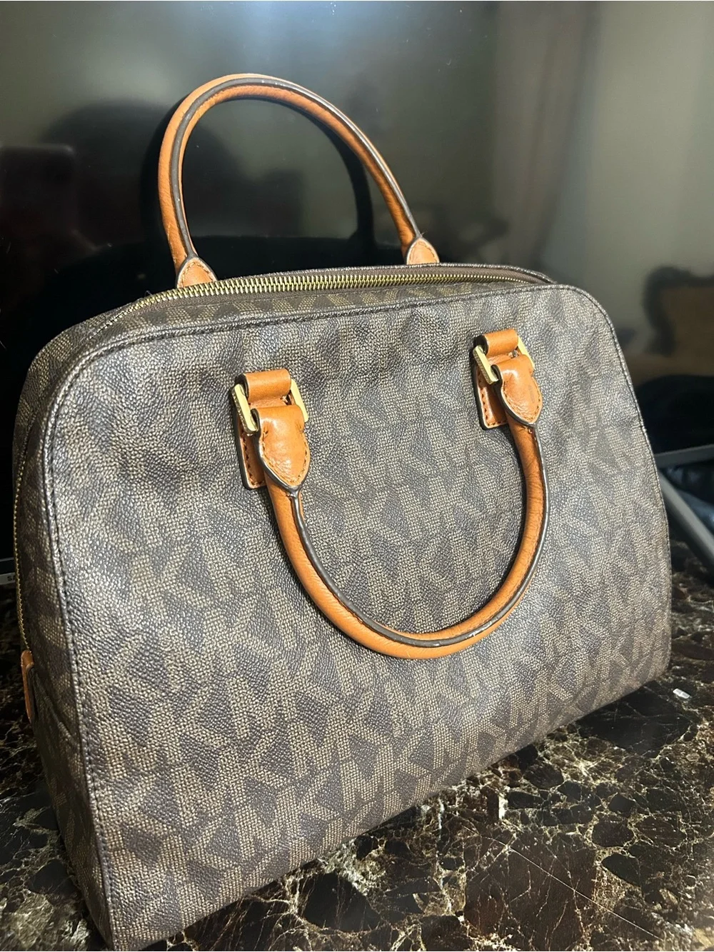 Michael Kors Brown MK Logo Satchel with Tan Handles and Gold Accent